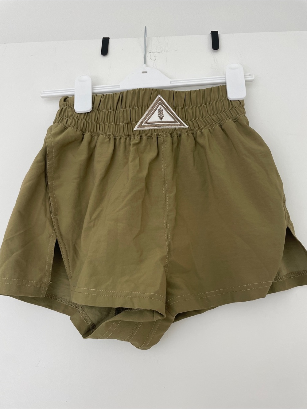 NEVER WORN Women's Olive Boxer Shorts with Elastic Waist and Triangle Patch